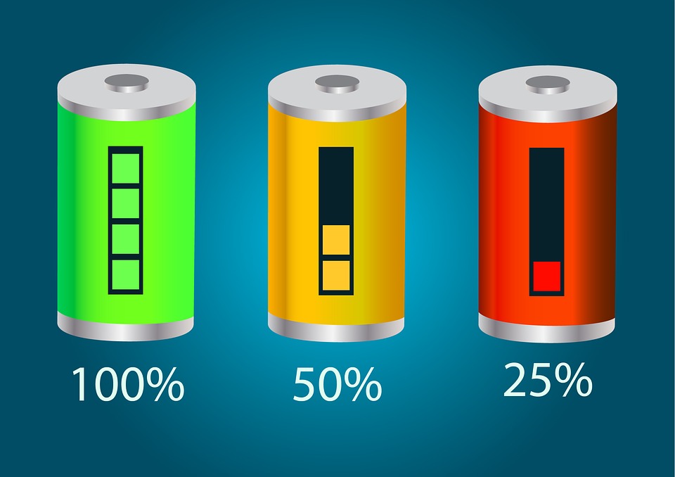 A battery meter at 100%, 50%, and 25%