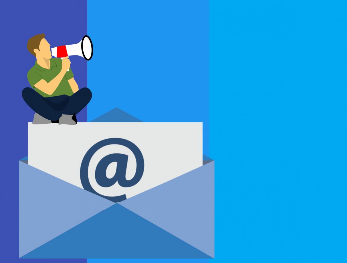 A vector style illustration of a man sitting on an email and shouting into a megaphone.