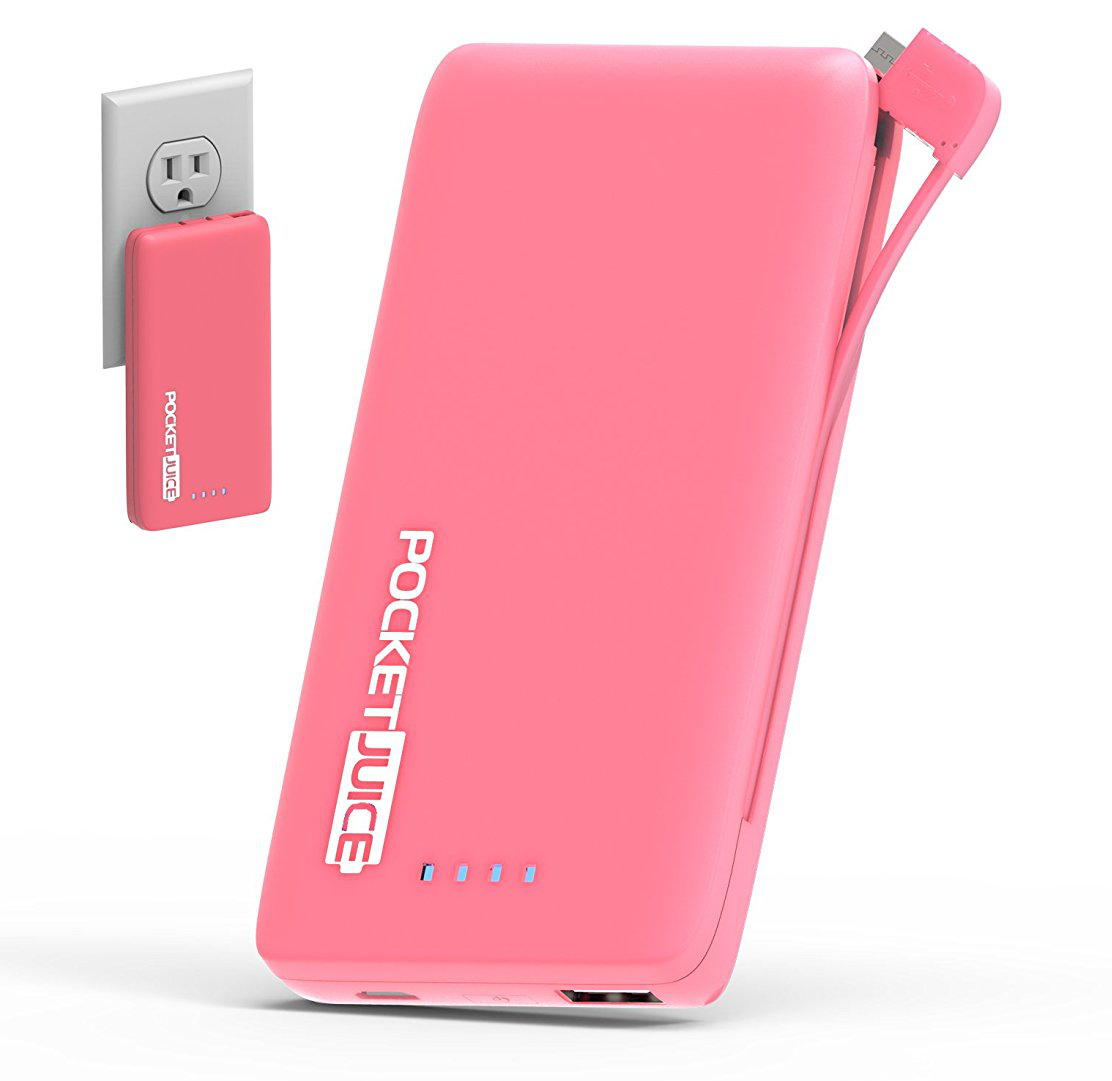 The Tzumi PocketJuice Endurance AC, shown in the color Pink.