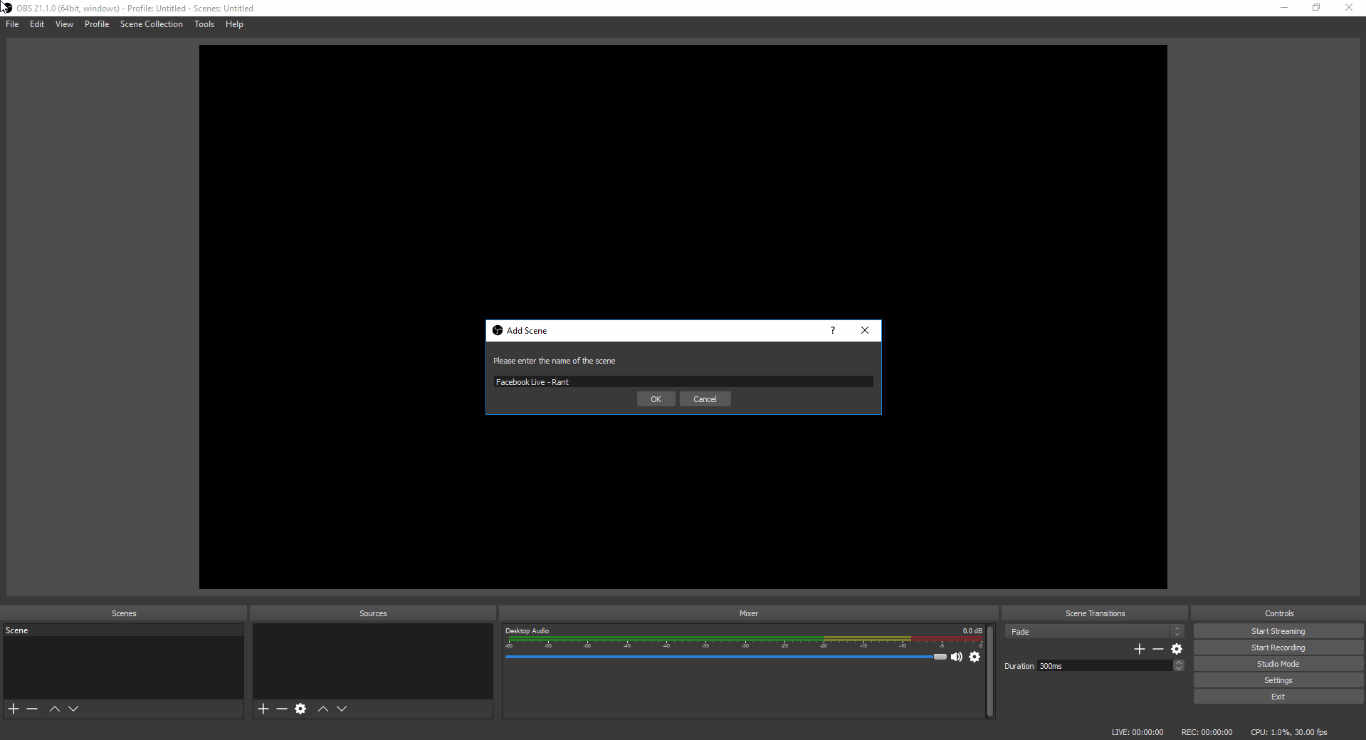 Creating a Scene in OBS to apply input sources to for livestreaming.