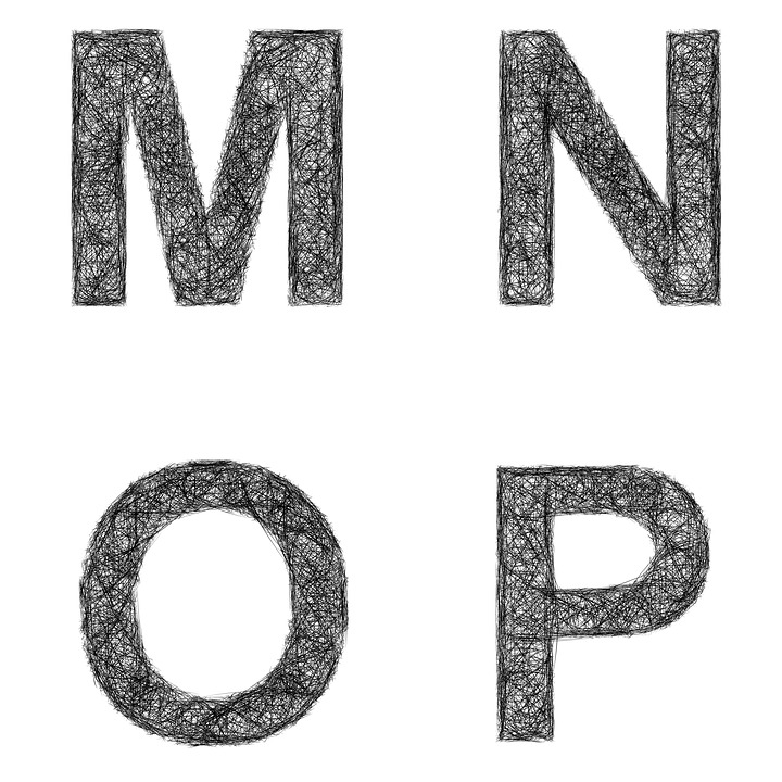 An example of a font done in a very sketchy style, where the fill is not solid, but made up of many intersecting lines.