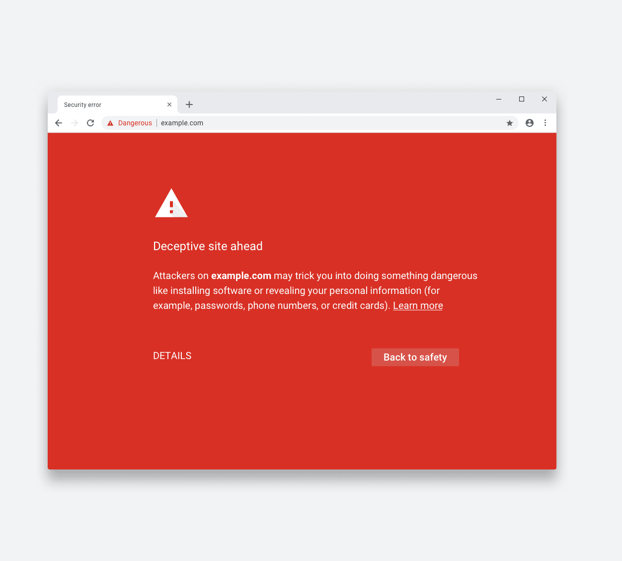 A chrome content security warning, a full-screen red error message.