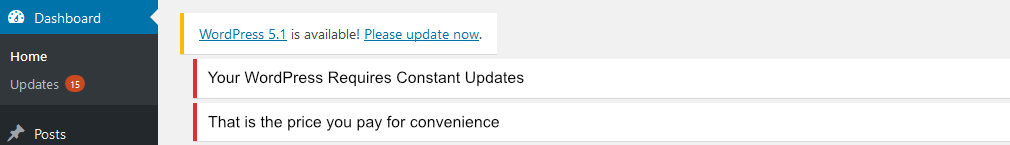 A WordPress dashboard with 15 pending updates, and a major version update notification