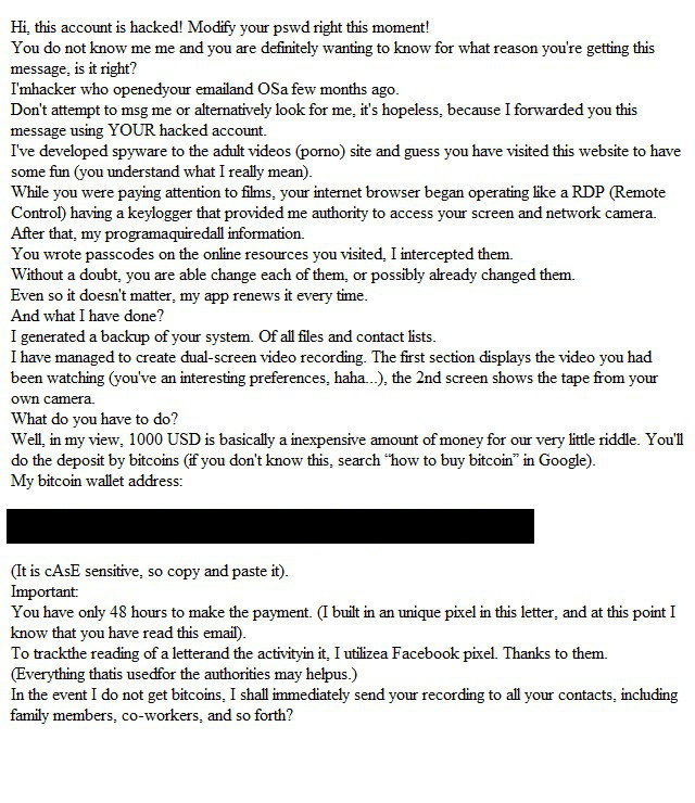 An example of one of the recent blackmail emails