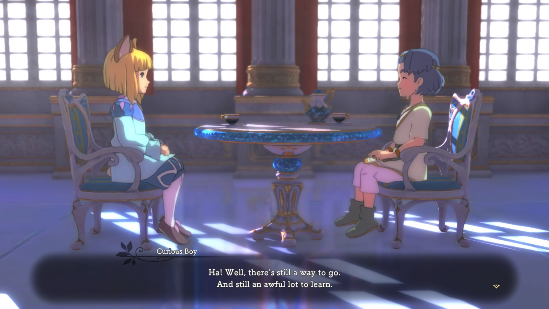 Two young men sit across from each other at an ornate stone table. The room is filled with otherworldy light and a polished marble floor.