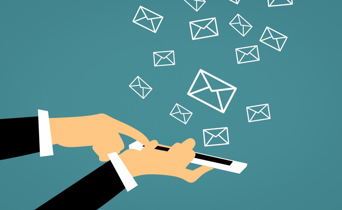 A vector style illustration of emails arriving on a smart phone.