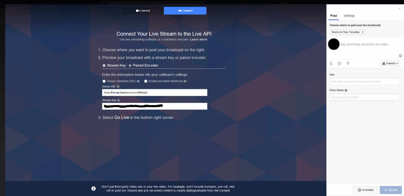 The new, easy to use interface for Facebook Live Integration.