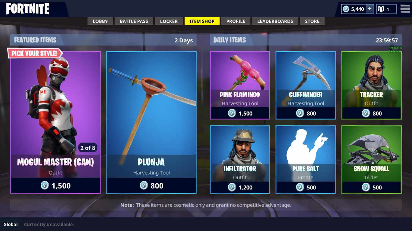 The Fornite Battle Royale microtransaction shop for cosmetic unlockables.